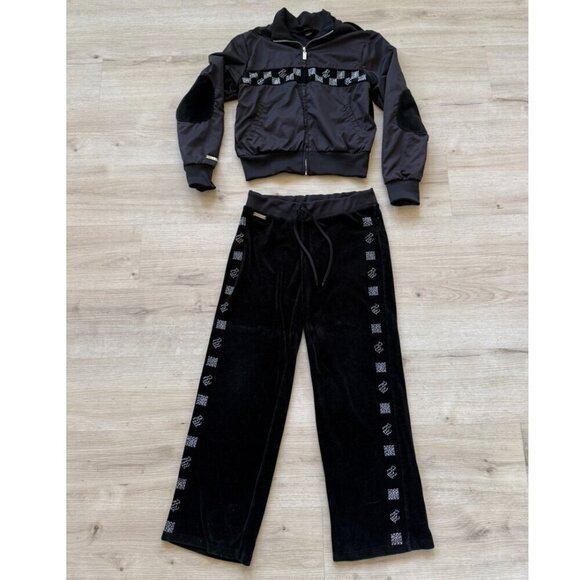 Vintage Rocawear Tracksuit Jacket Pants Black Velour Velvet Set Y2K 90s Large - Picture 1 of 14